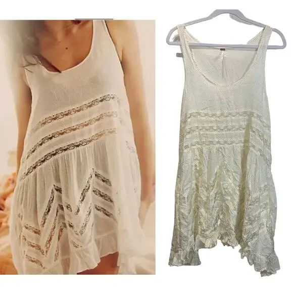 FREE PEOPLE Slip dress intimately Voile and Lace Trapeze Xs Tea NWOT - Picture 2 of 7